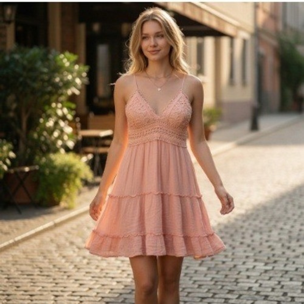 Iris Crochet Lace Boho Tiered Mini Dress Women M Peach Ruffle  Cottagecore Flowy